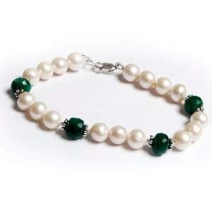  Good Looking Natural Pearl & Green Emerald Beaded Bracelet 