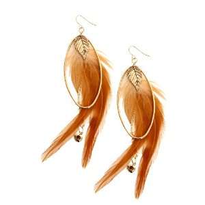 Gold Oval Brown Feather Earring Jewelry