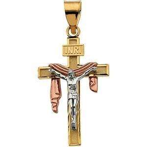  14K Yellow Gold Tricolor Crucifix With Shroud Pendant 