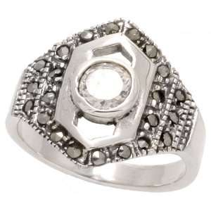 Sterling Silver Marcasite Hexagon shaped Ring, w/ Brilliant Cut CZ 