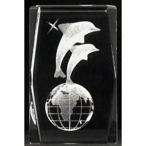  3d Laser Crystal Dolphins on Globe 5x5x8 Cm Cube + 3 Led 