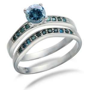  3/4 CT Blue Diamond Engagement Ring Set In Sterling Silver 