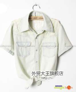 Women Casual Fit Lace Short Sleeve Jean Denim Shirt 046  