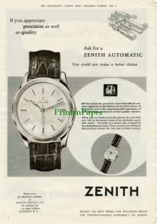 1957 Zenith Automatic Swiss Made Wrist Watch Ad  