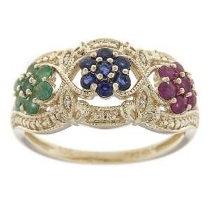 10k Yellow Gold Multi Color Precious and Diamond Flower Ring (0.012 