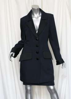 YVES SAINT LAURENT Satin Accent Navy+Black Long Coat/Blazer Jacket 