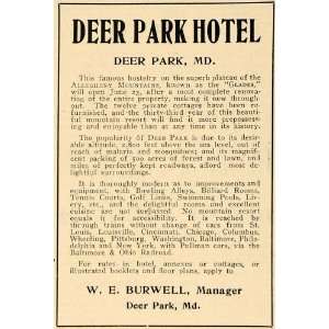  1906 Ad Deer Park Hotel Features Maryland W. E. Burwell 