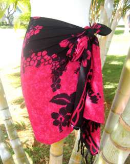 Sarong Short Pink Black Hibiscus Luau Cruise Wrap Skirt  