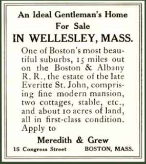 1908 AD FOR SALE OF GENTLEMANS HOUSE IN WELLESLEY, MA.  