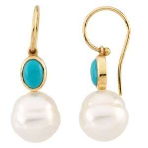  14k Gold S. Sea Cult. Pearl Created Turquoise Earring 