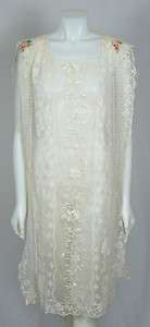 VINTAGE 1920s EMBROIDERED LACE TUNIC OVER DRESS w RIBBON ROSETTES 