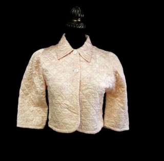   Vintage Pink Satin Quilted Cropped Short EMbroidered Bed Jacket sz m