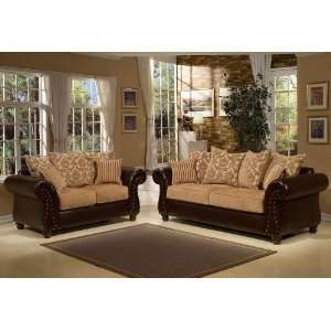  2pc Sofa Loveseat Set with Nail Headed Accent and Beige 