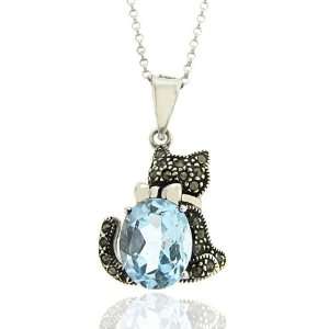  Sterling Silver Marcasite Genuine Blue Topaz Cat Pendant Jewelry