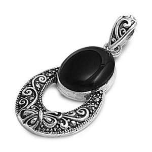    Sterling Silver & Black Onyx Double Oval Marcasite Pendant Jewelry