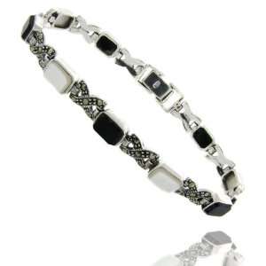   Sterling Silver Marcasite Mother of Pearl Black Onyx Bracelet Jewelry