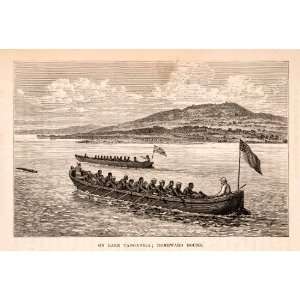  1872 Wood Engraving Africa Lake Boat Row Flag Tanganika 