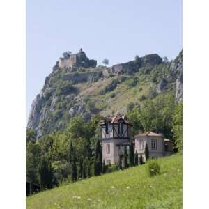 House and Cathar Castle, Roquefixade, Ariege, Midi Pyrenees, France 
