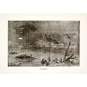   Danube River Boat Raft Camp Fishing   Original In Text Wood Engraving