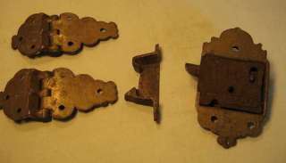 Antique Ornate Ice Box Hardware Brass Latch Hinge Set  