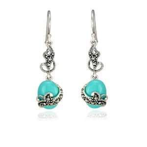    Sterling Silver Marcasite and Turquoise Oval Drop Earrings Jewelry