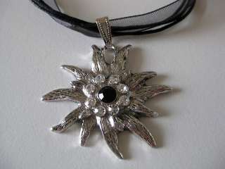 German Dirndl black necklace Edelweiss pendant Swarovski crystals 