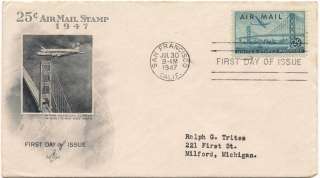 25 Cent Air Mail GOLDEN GATE San Francisco CLIPPER 1947  