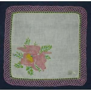   Ladies Handkerchief Pink Orchid With Tatted Edging 