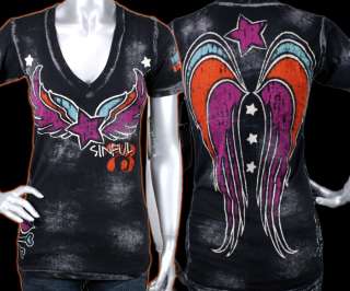 AFFLICTION Sinful womens MOLINA baby T  SHIRT WINGS heart Black S2343 