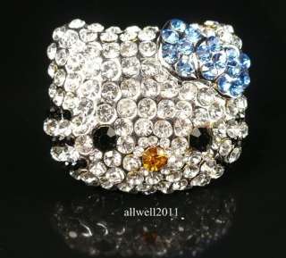 Hello Kitty Face Big Crystal Bling Ring Adjustable Blue Bow+ Gift Ring 
