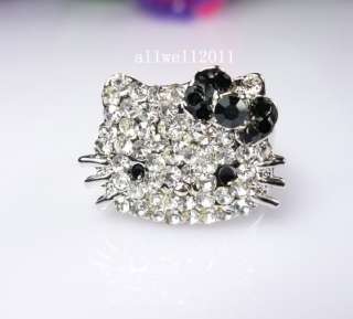 Cute Hello Kitty Crystal Bling Ring Adjustable In Gift Ring Box Black 