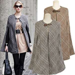 PLAID CAPE sleeveless coat wool check poncho jacket cardigan vest FREE 