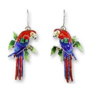  Greenwing Macaw Sterling Silver and Enamel Earrings 