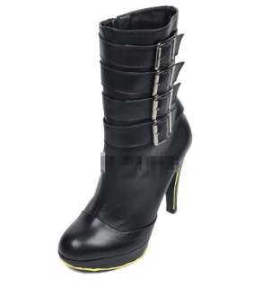 Womens Cool Multi buckles High Heels Platform Shoes Mid calf Boots 