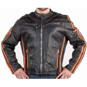 Mens Black Leather Motorcycle Jacket, Orange Racing Stripes, Jackets 