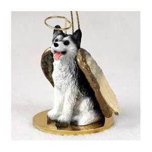 Siberian Husky Black and White with Brown Eyes Angel Ornament  