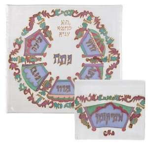  Silk Painted Matzah & Afikoman Bag Set   Seder White 
