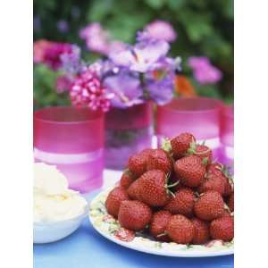 Fresh Strawberries and Whipped Cream on a Garden Table Photographic 
