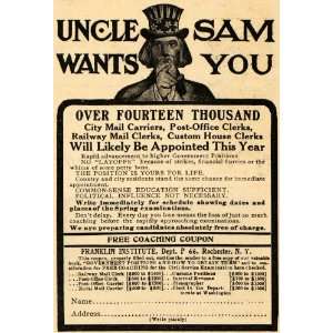  1910 Ad Uncle Sam Jobs Mail Carrier Post Office Railway 