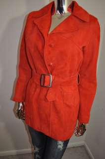 RARE VINTAGE 70S SUEDE LEATHER RED BELTED SPY MOD TRENCH COAT JACKET 