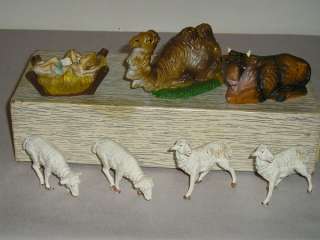Vintage Italy Christmas Nativity Chalkware Figures 15pcs & Wood Stable 