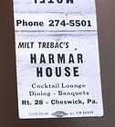 1960s Matchbook Trebacs Harmar House Motel Cheswick PA Silver
