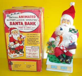1960 Trim A Tree Noel Mechanical Tin Santa Bank Toy+Box  