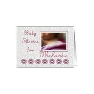 Baby shower invitation for Melanie   sleeping child with pink blanket 