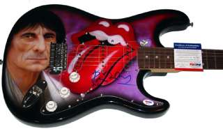   Wood Autographed Rolling Stones Tongue Airbrush Guitar PSA UACC RD COA