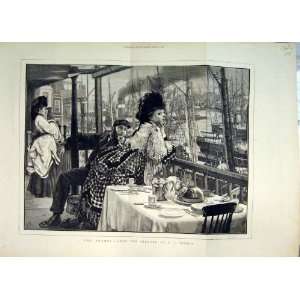  1873 Tea Room View Thames Ships Woman Antique Print