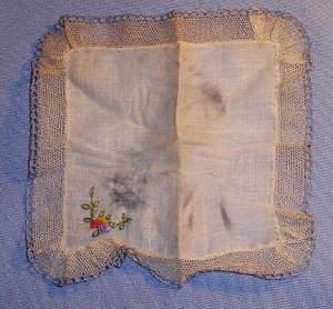 Antique EMBROIDERED FINE LINEN and LACE DOLL HANDKERCHIEF  