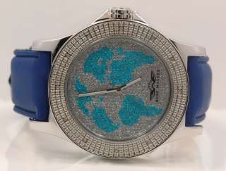King Master Mens World Map Diamond Watch 0.12ctw KM107  