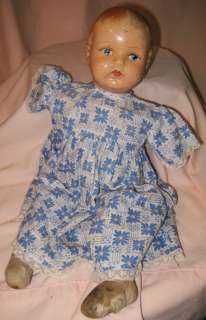 Old Doll Girl Composition Face Fabric Body Blue Dress No Arms NEEDS 