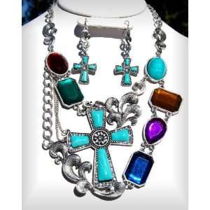   Set Turquoise Cross w/Multi color Beads OS01693SBMUL